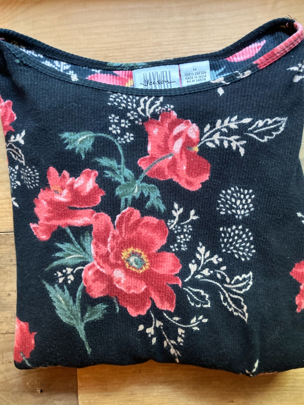 Vintage 90s Fem Floral Ribbed Cotton Blouse 3/4 Sleeve Medium